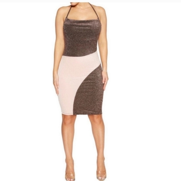 NAKED WARDROBENWT Shimmery Halter Dress Bodycon Pink/BrownMedium